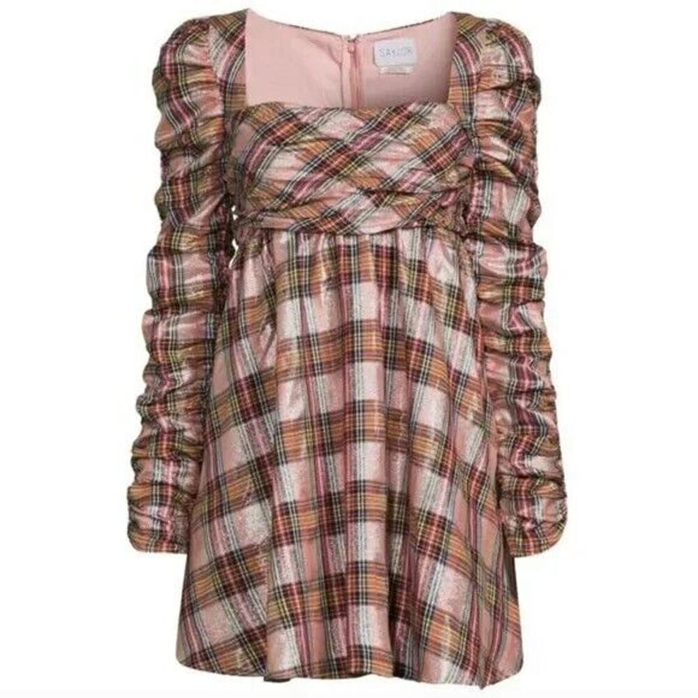 Saylor Yulia Tartan Plaid Metallic Shine Square Neck Mini Dress Size L NWT